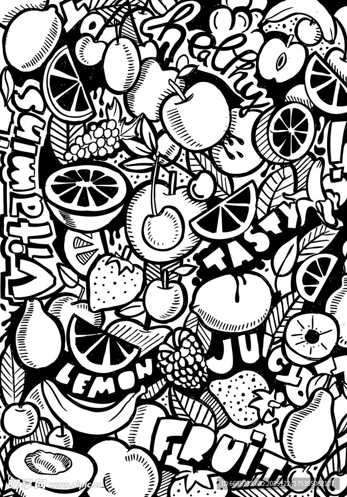 黑白手绘风的丰富食物图案