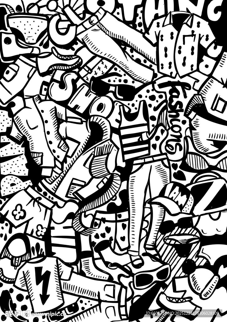 黑白涂鸦风格人物插画