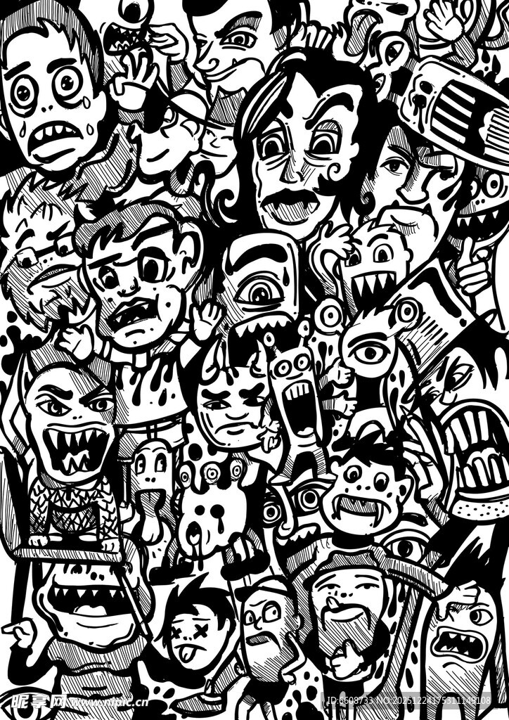 黑白卡通风格人物群像