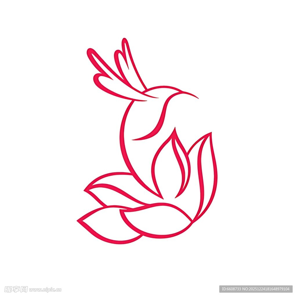 红线条勾勒的蜂鸟与莲花