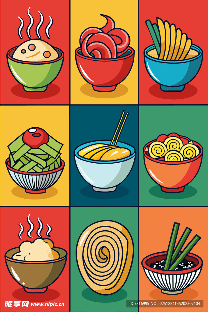 多彩面食美食插画展示