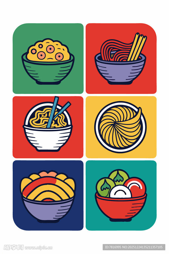 多彩方形框中的美味面食