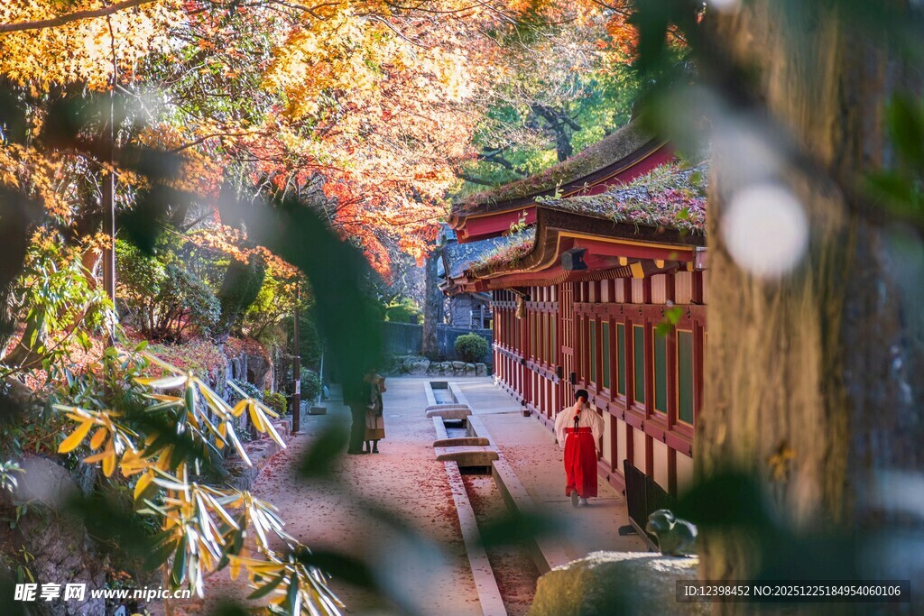 古寺秋景中的红衣僧人