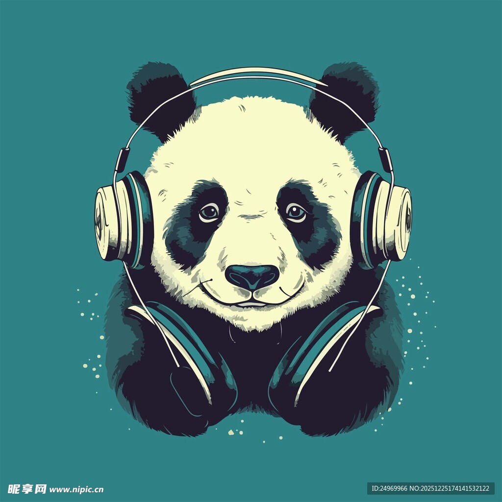 戴耳机的熊猫插画