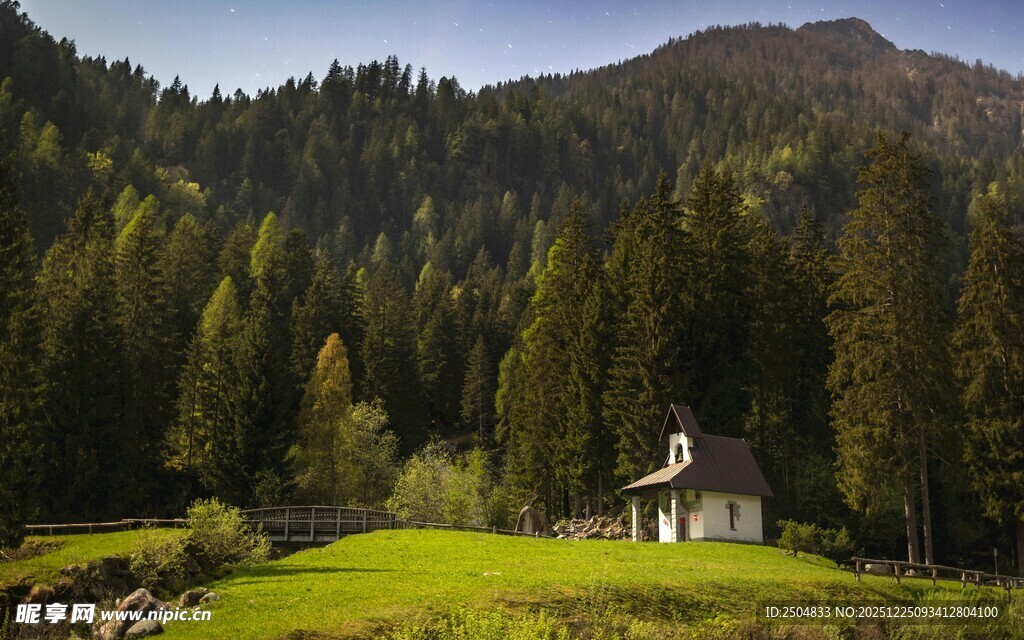 山间小屋 绿野森林美景