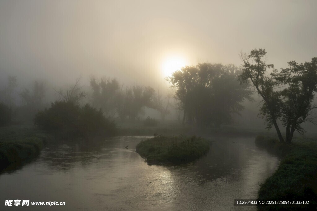 晨雾中的河畔风光