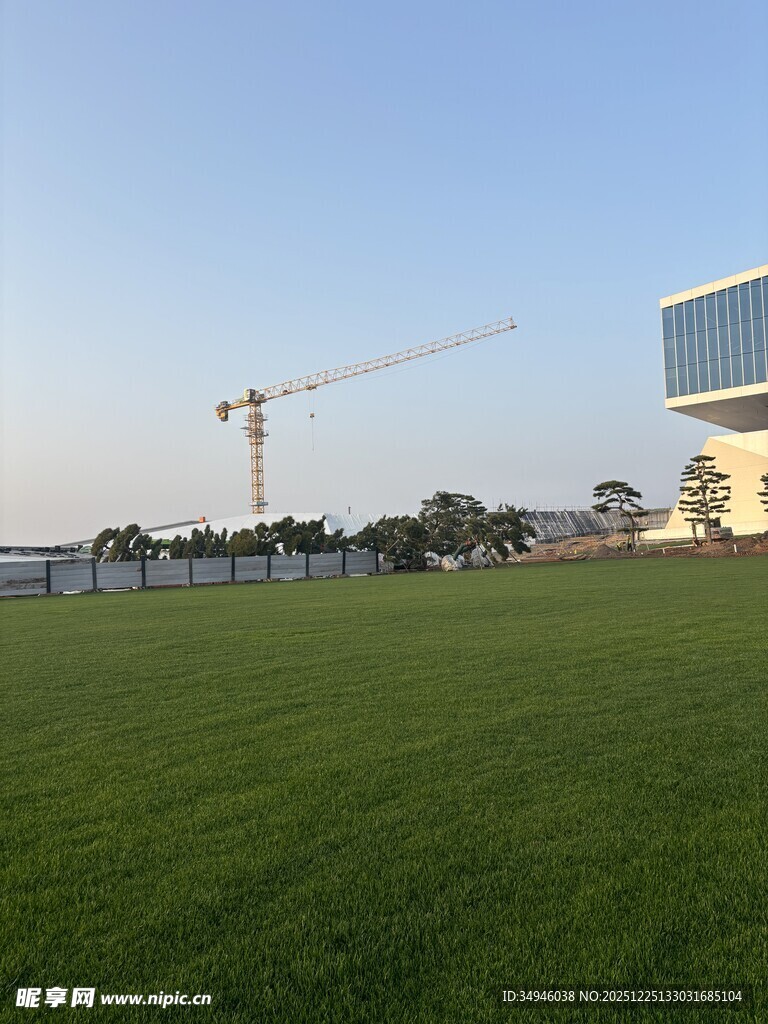 户外草地与建筑施工景象