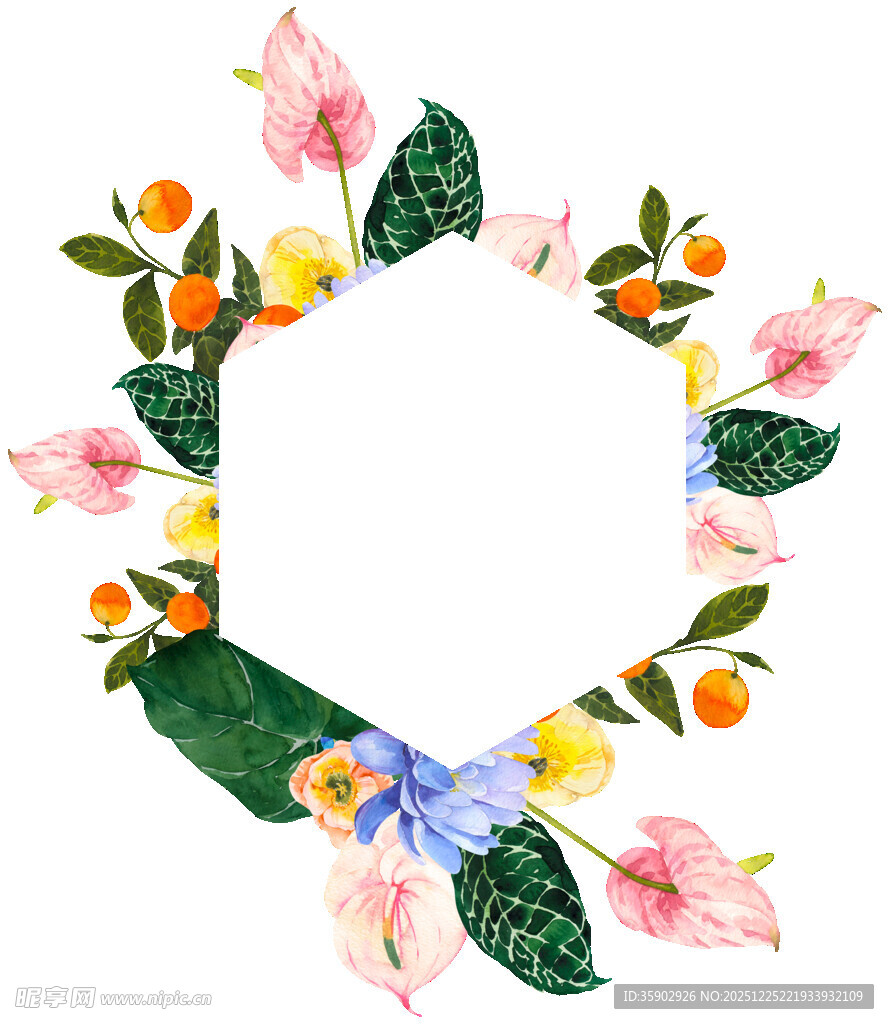 花卉绿叶组成的六边形花环