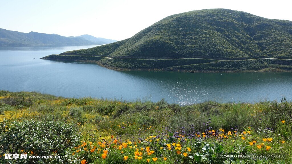 湖畔山花伴青山美景