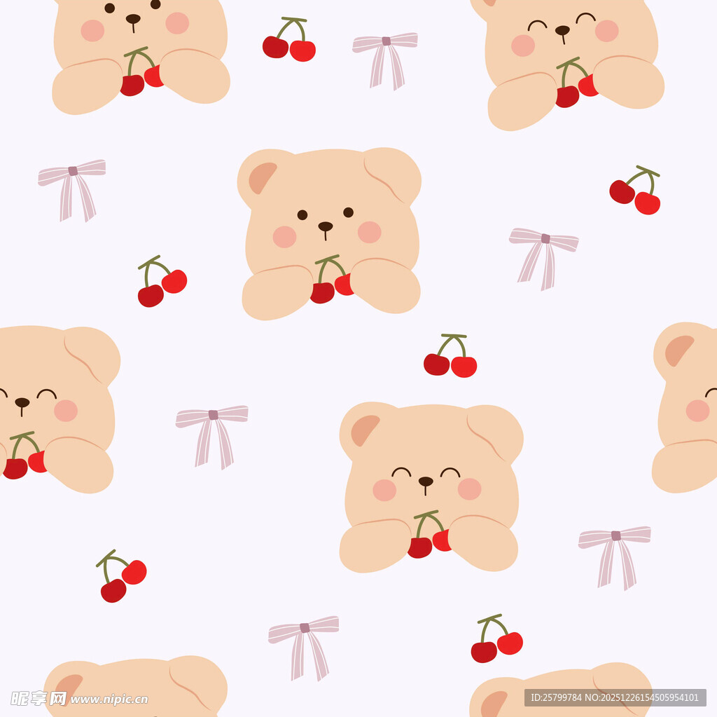 小熊樱桃图案可爱无缝背景