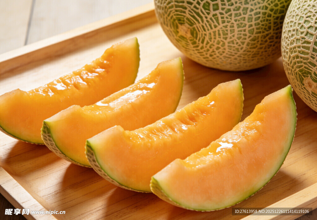 木盘上的哈密瓜切片