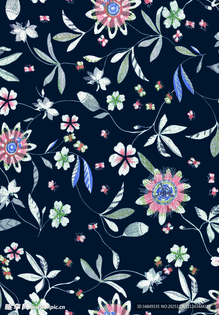 深蓝色底多彩花卉图案