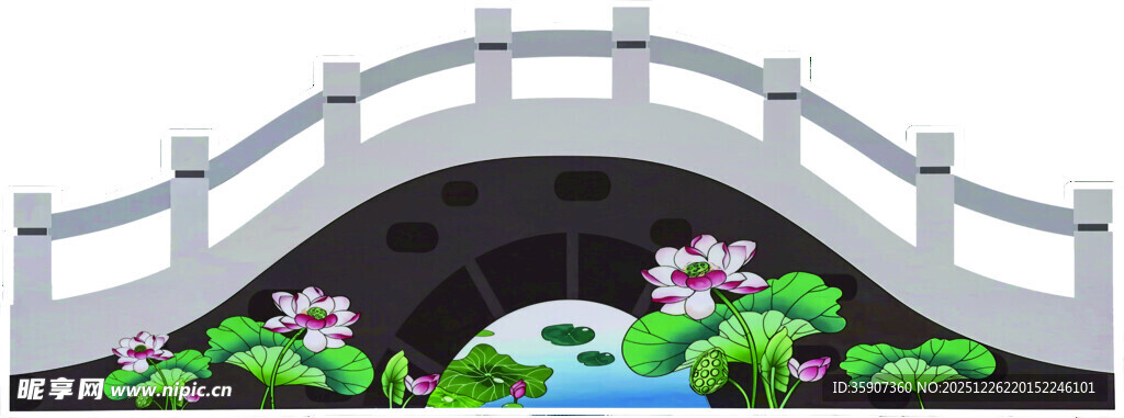 中式拱桥下的荷花景致