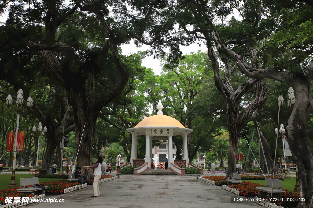 林荫下的金色凉亭景观