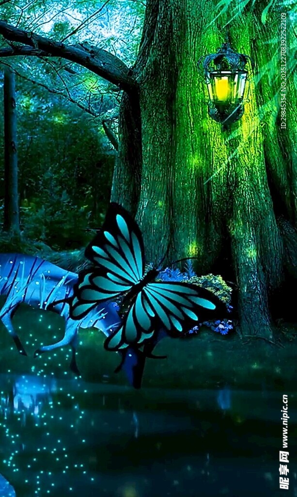 梦幻森林中的蓝蝶与灯笼
