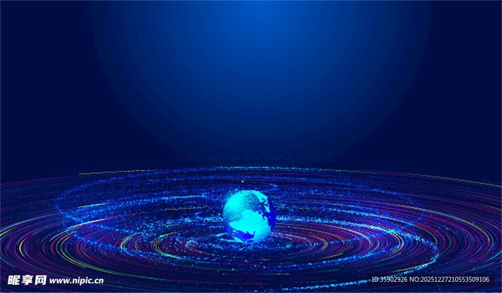 蓝色粒子环绕发光球体