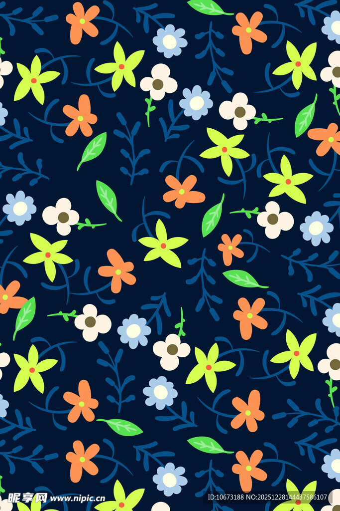 深蓝色底多彩花卉图案