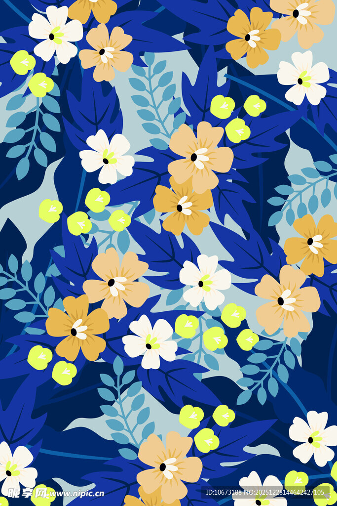 蓝色花卉图案织物纹理