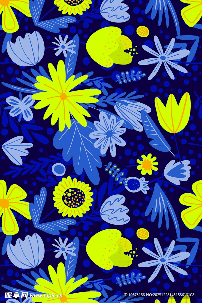 蓝色背景多彩花卉图案