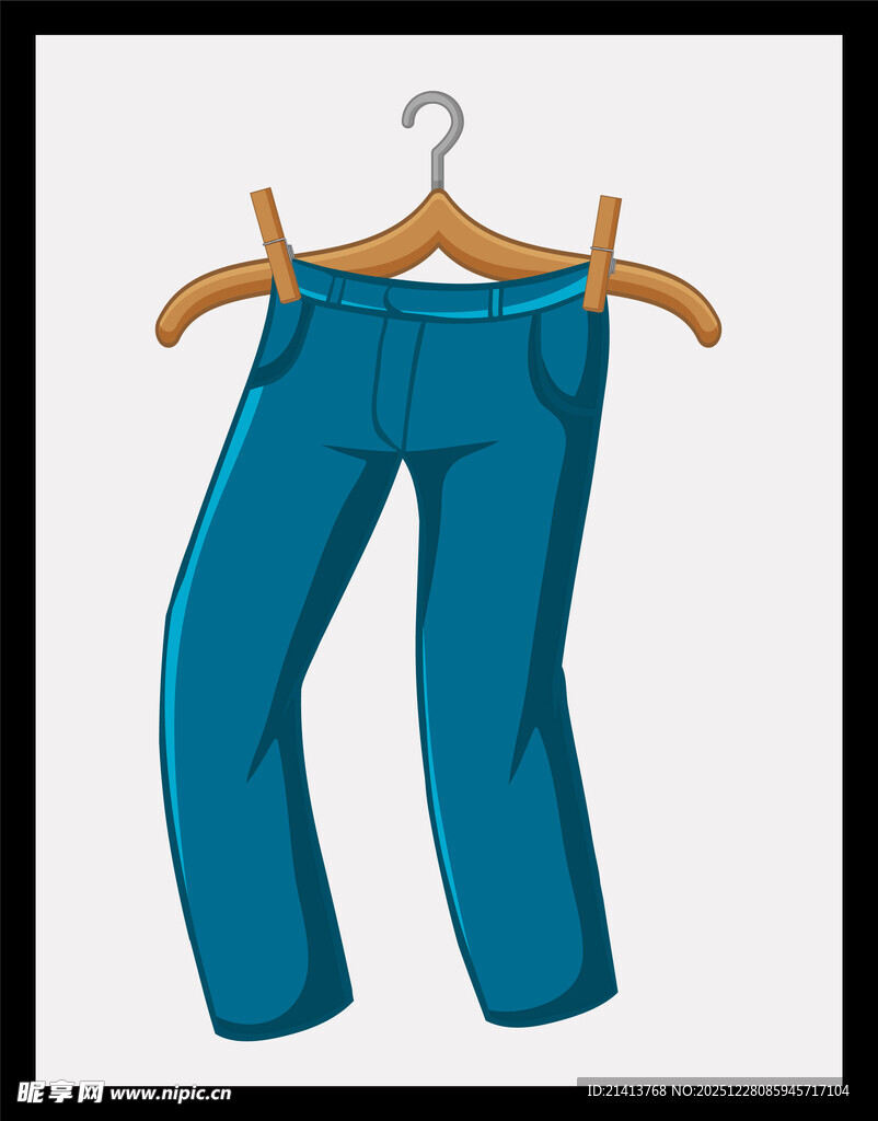 蓝色长裤挂在木衣架上