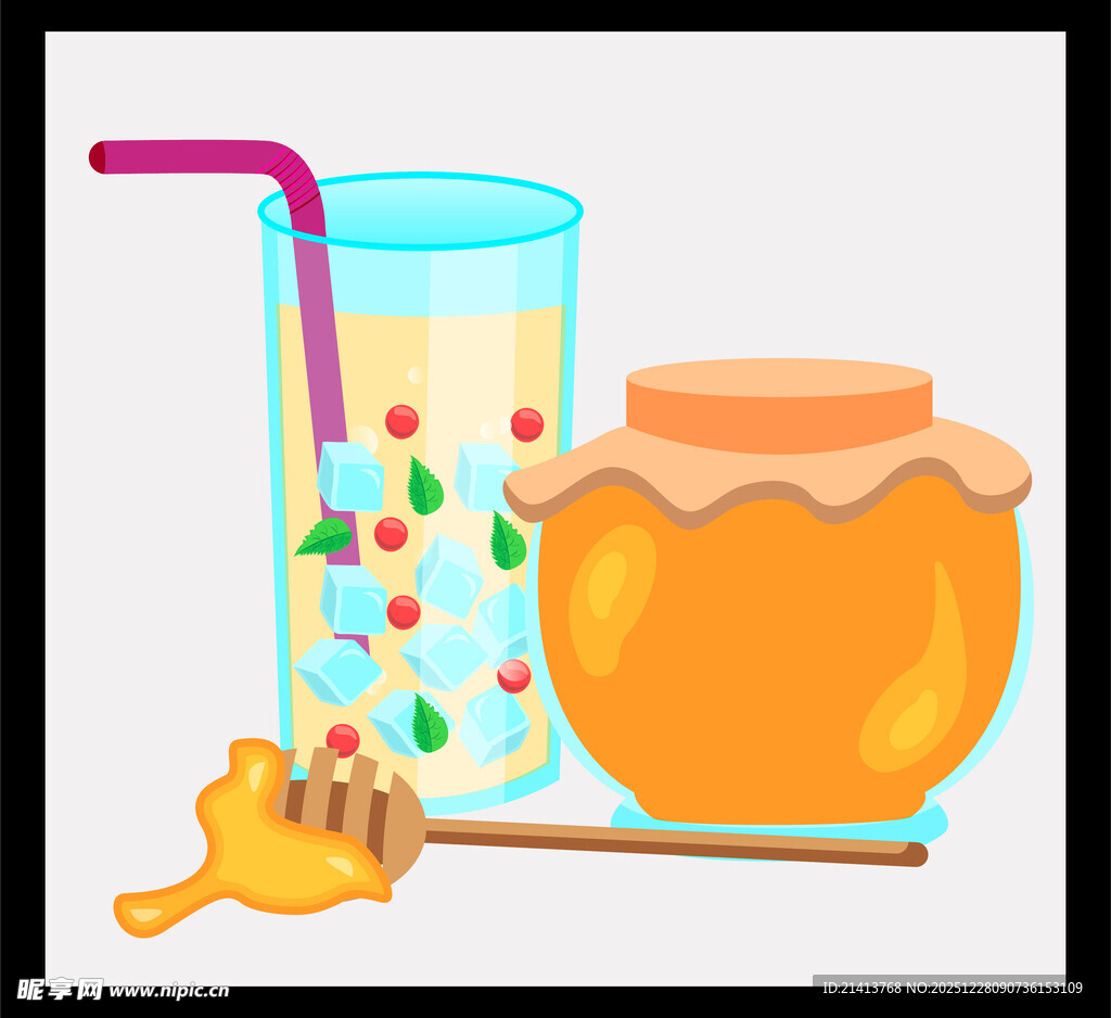蜂蜜饮品与蜂蜜罐插画