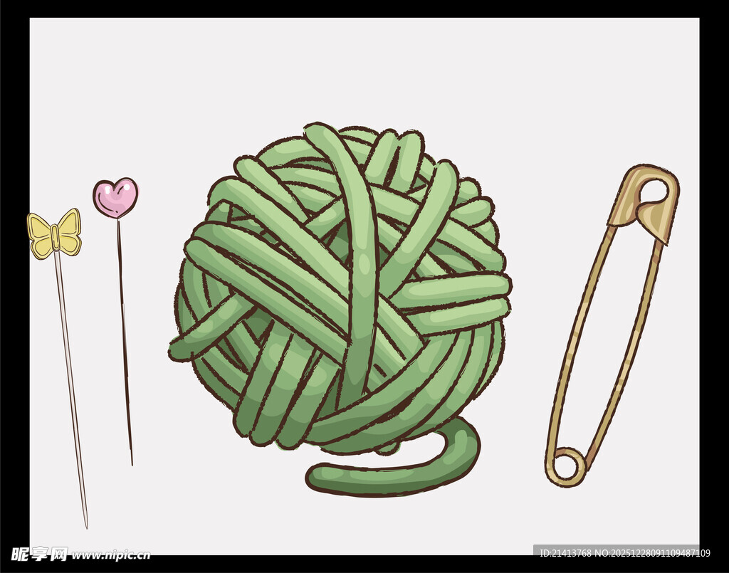 绿色毛线球与编织工具