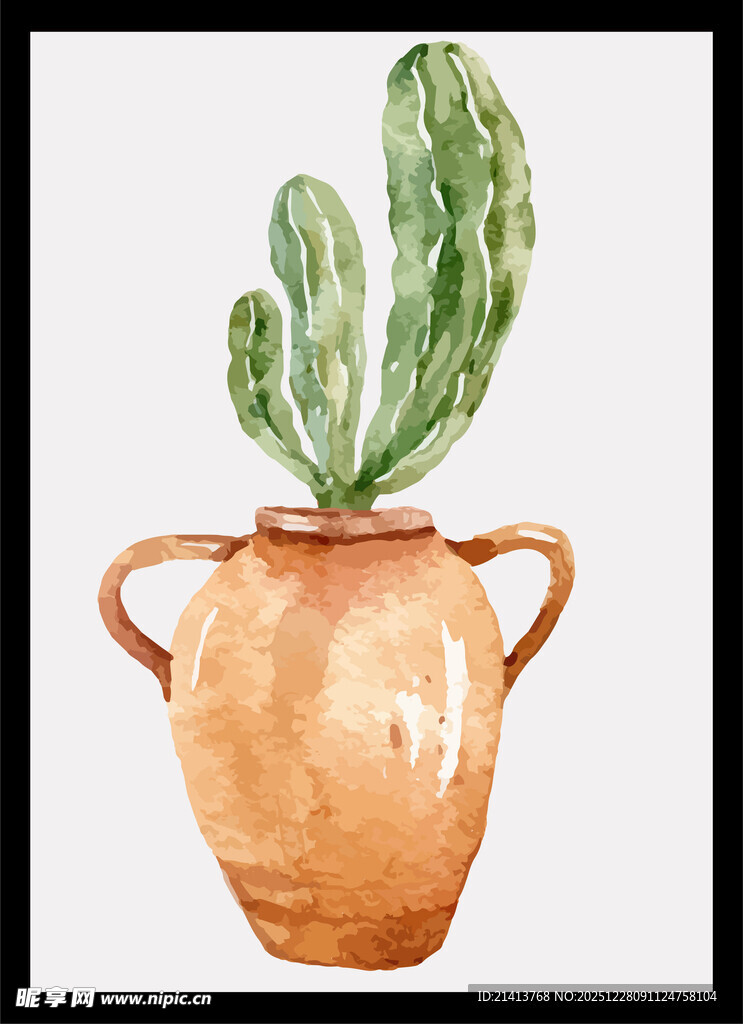 水彩绘陶罐中的仙人掌