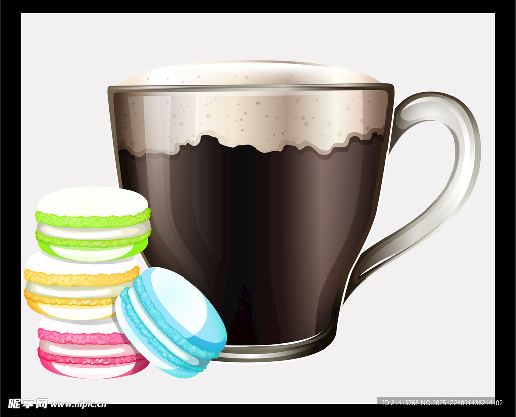 咖啡杯旁的多彩马卡龙