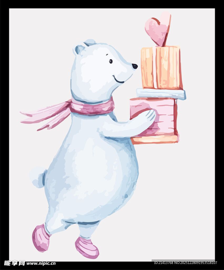 北极熊手持礼盒可爱插画