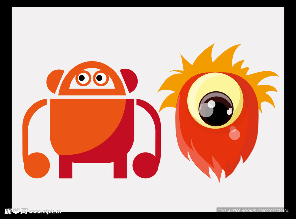 可爱卡通机器人与独眼怪兽