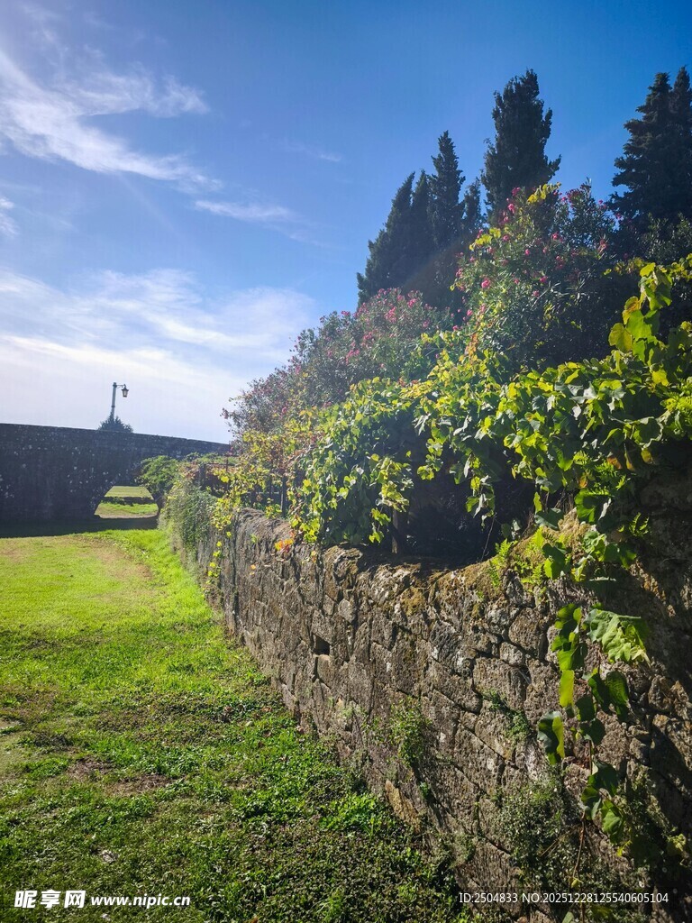 石墙边的绿意与蓝天