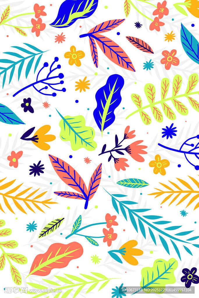 多彩手绘花鸟叶图案背景