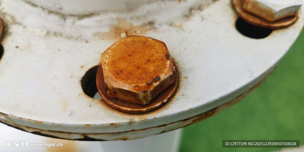 生锈圆盘上的棕色螺丝螺母