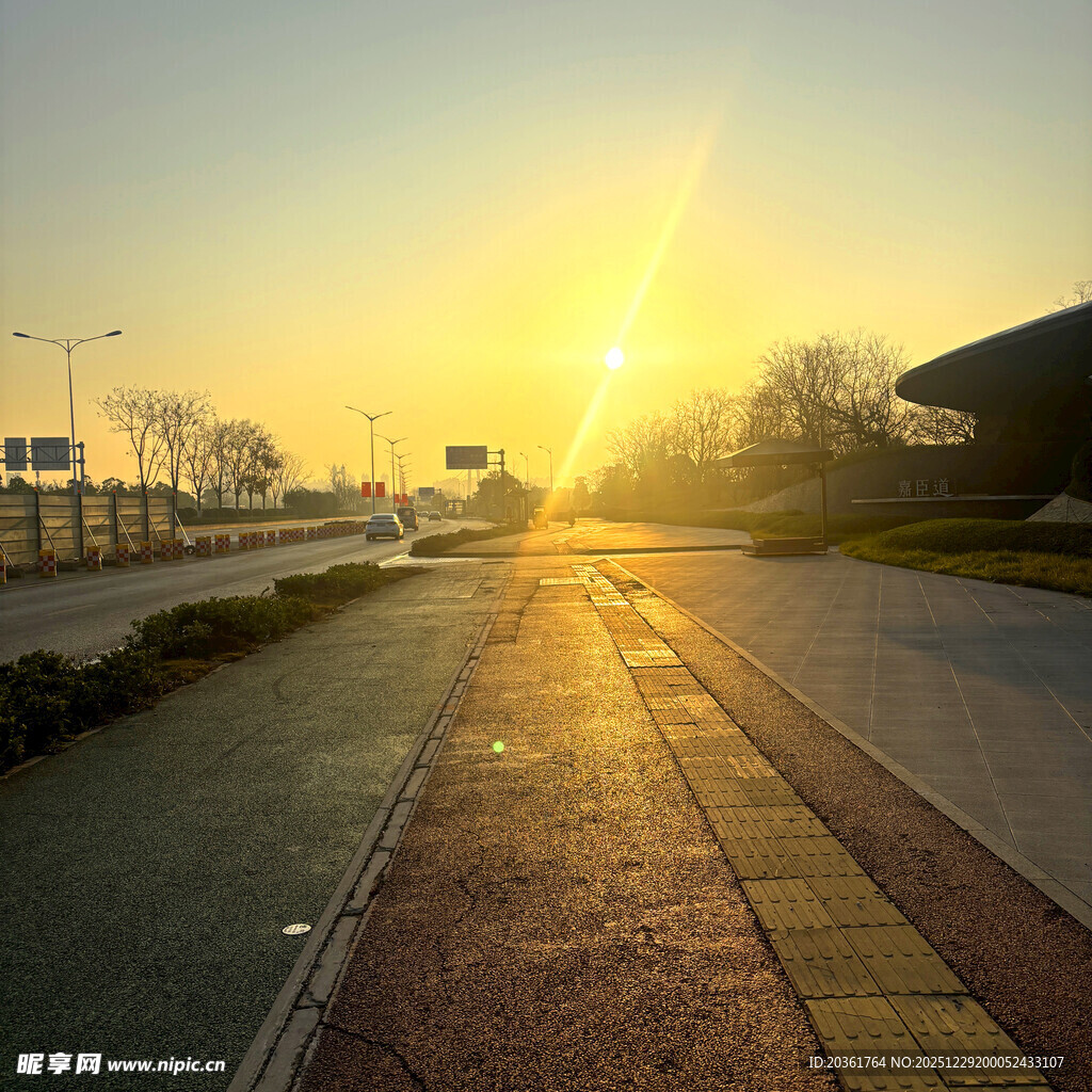 清晨阳光照耀的城市道路