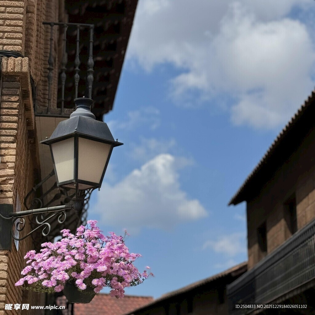 古巷繁花与复古路灯