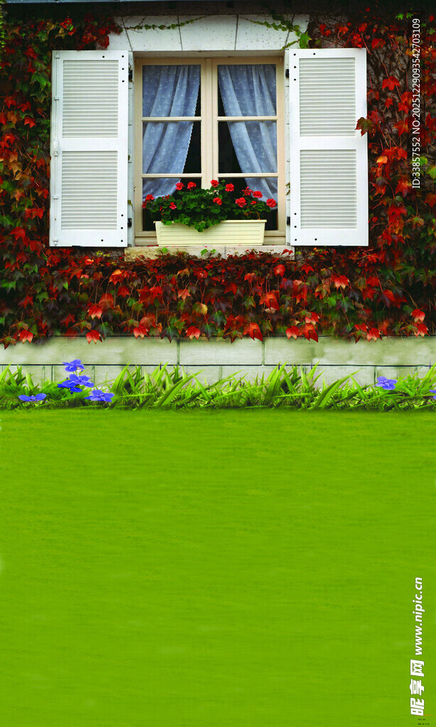 窗边繁花与翠绿草坪