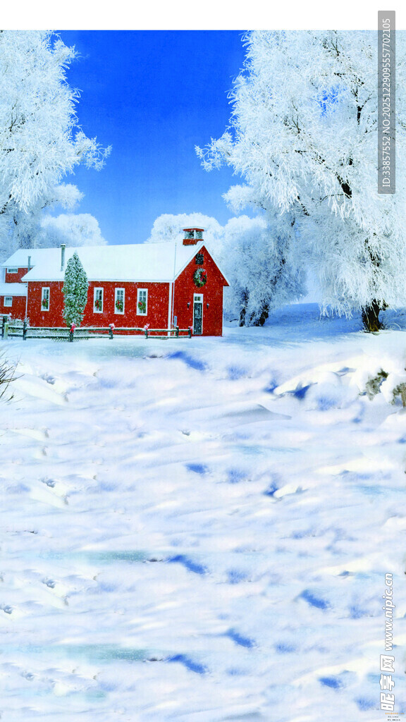 雪覆红屋的冬日美景