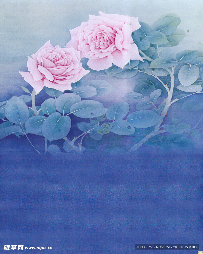 水墨风双粉玫瑰插画