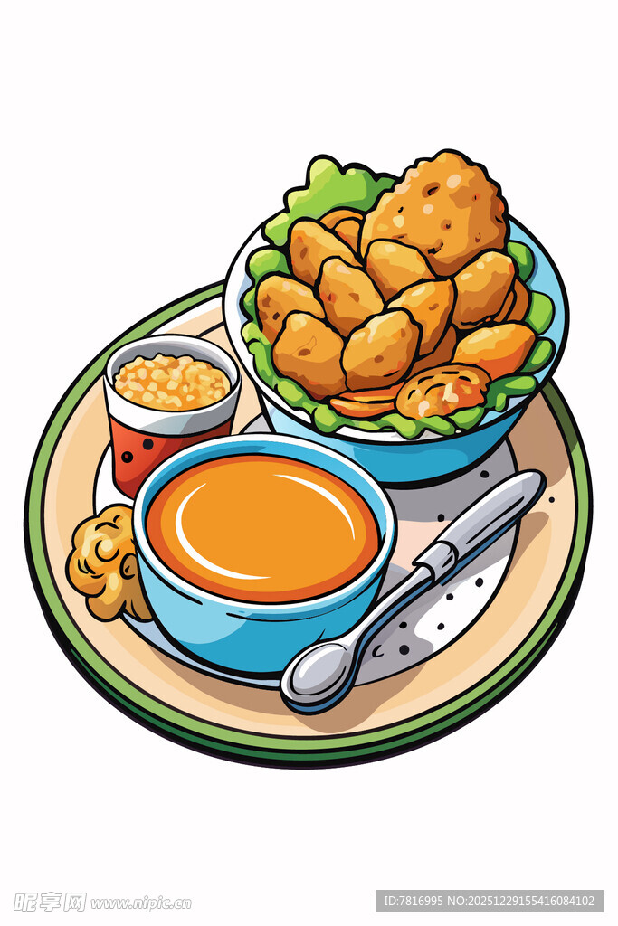 美味炸鸡配蘸酱与餐具