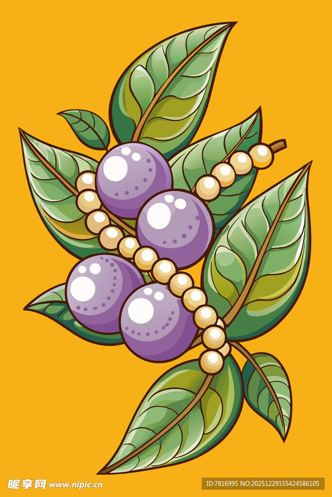 紫果绿叶插画装饰元素