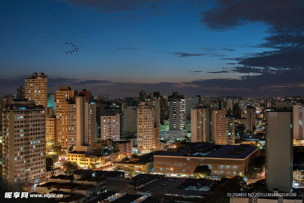 城市夜幕下的璀璨建筑群