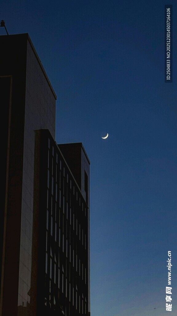 城市夜空下的弯月