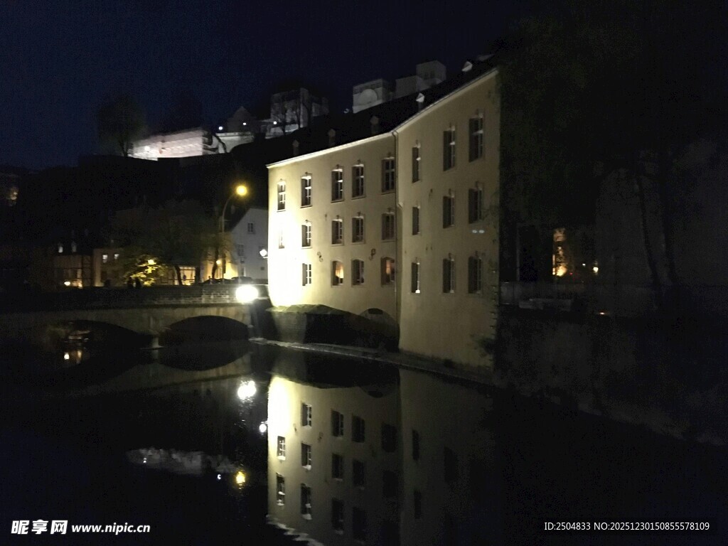 夜晚河畔建筑的静谧倒影