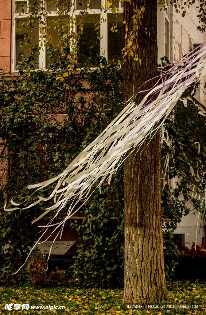 户外悬挂的白色装饰飘带