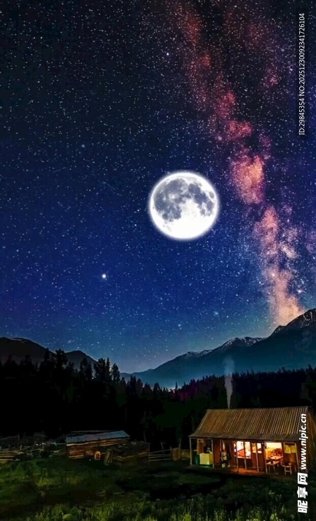 月夜下的山间小屋美景