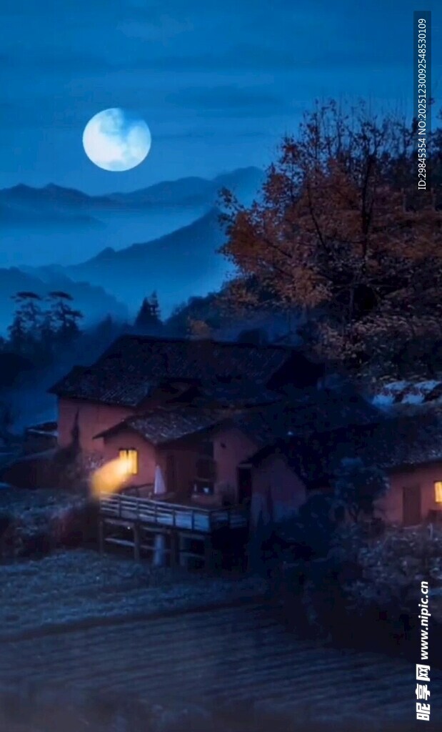 月夜下的静谧山村景象
