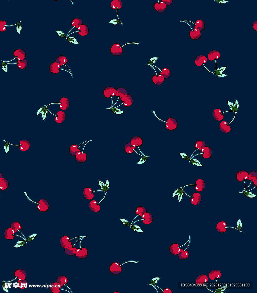 深蓝色底樱桃花卉图案