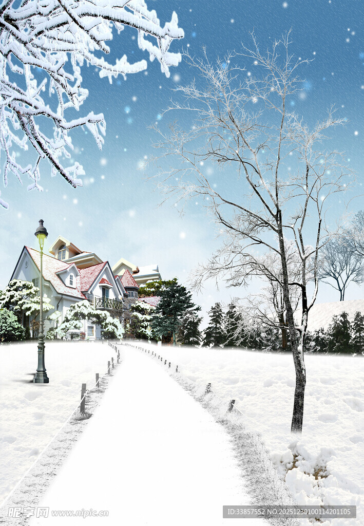 冬日雪景中的宁静村落