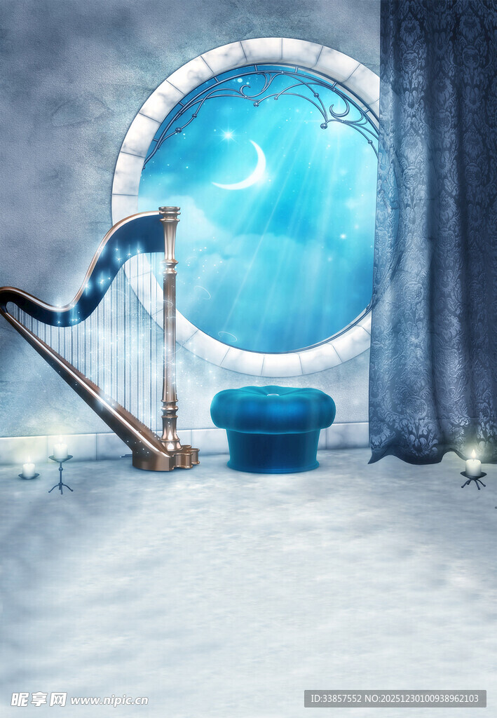 梦幻蓝色窗景室内场景