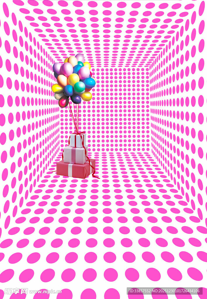 粉色波点空间中的多彩气球